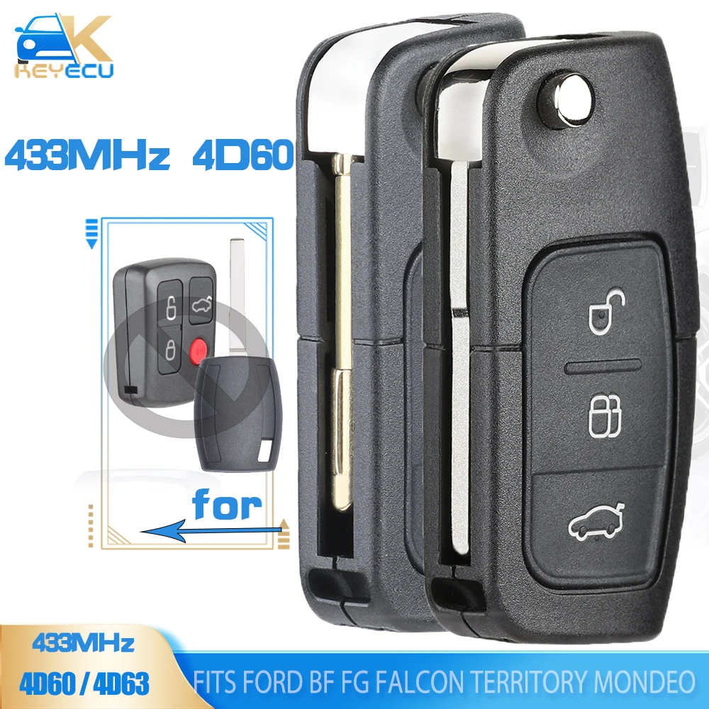 KEYECU Flip Remote Key Fob 3 pulsanti 433MHz 4 d60/4 d63 Chip per Ford BF FG Falcon Territory Mondeo FPV SZ