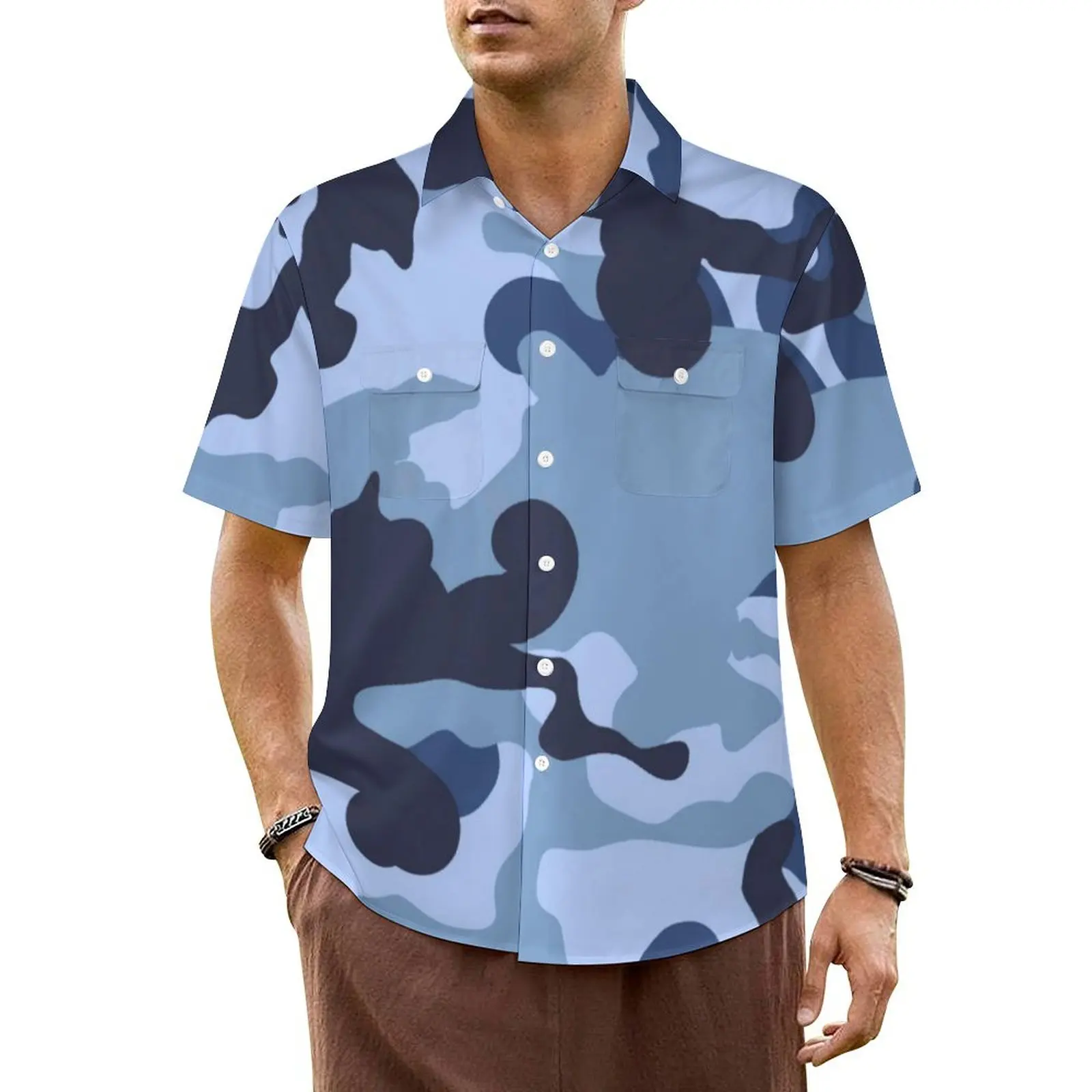 

Blue Camo Hawaii Shirt For Man Beach Military Camouflage Print Casual Shirts Short-Sleeve Street Design Vintage Oversize Blouses