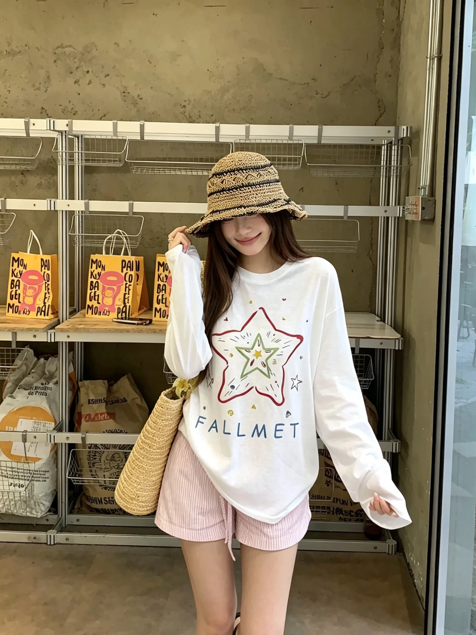 

Sweet Style Long Sleeve Printed Loose round Neck T-Shirt Women's Summer Casual Slimming Top Comfortable Versatile White Tee