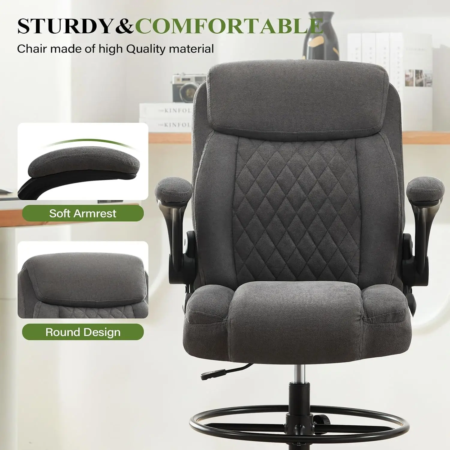 Ergonomic Drafting Chair for Standing Desks, Tall Office Chair with Adjustable Foot Ring & Lumbar Support, Flip-Up Arms Fabric Desk Chair