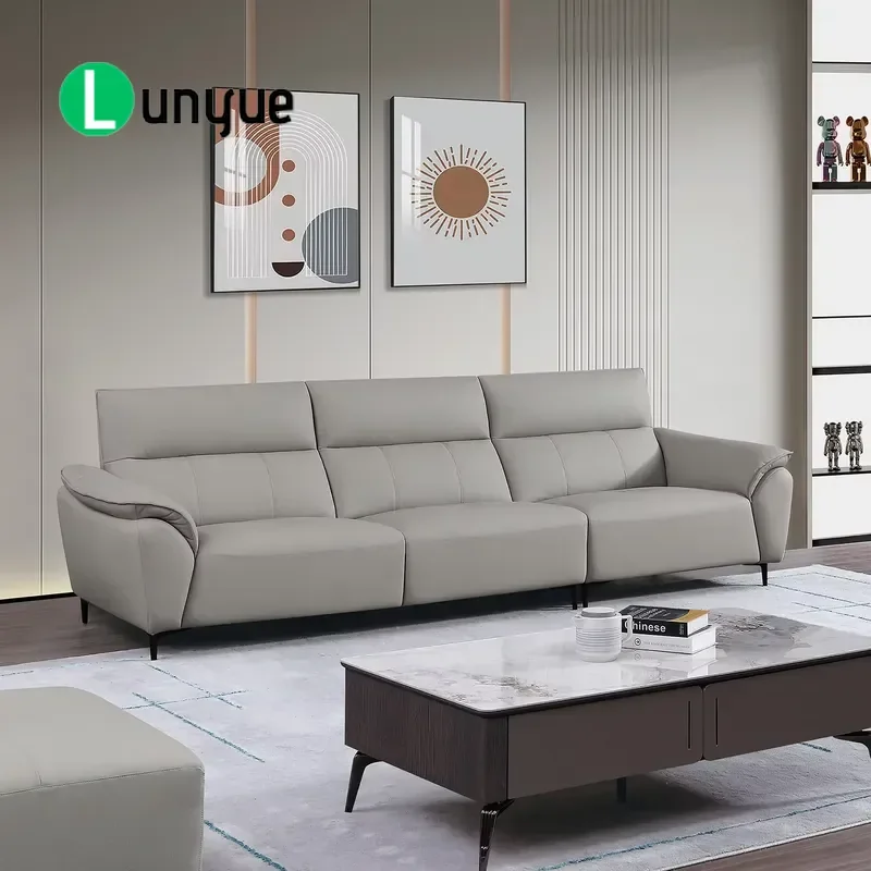 Light Grey Genuine Leather 3 Seater Business Sofa with Lumbar Support Headrest Metal Legs for Apartment Hotel Office Living