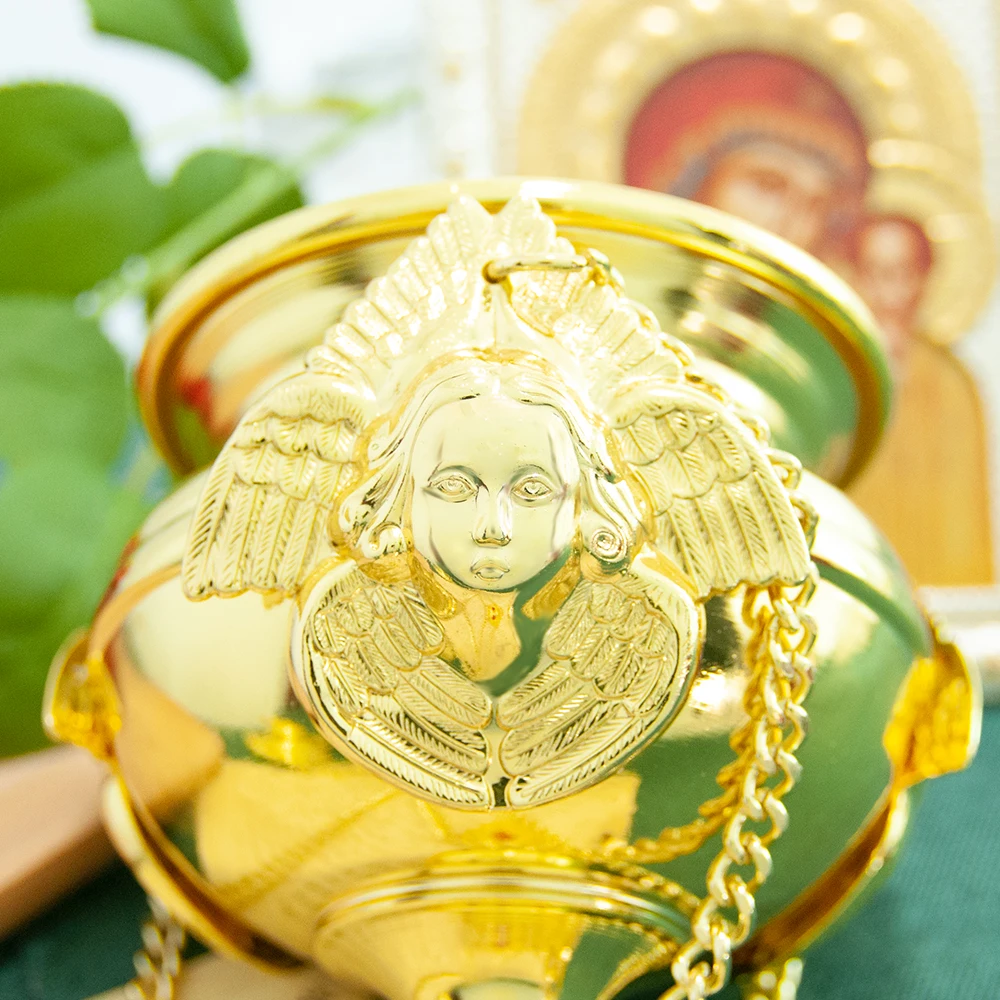 HTISOK Orthodox Hanging Oil Lamp Orthodox Vigil Oil Lamp Zinc Alloy Oil Lamp Glass Cup Angel Statue Wick Stand Home Decoration - Image 4