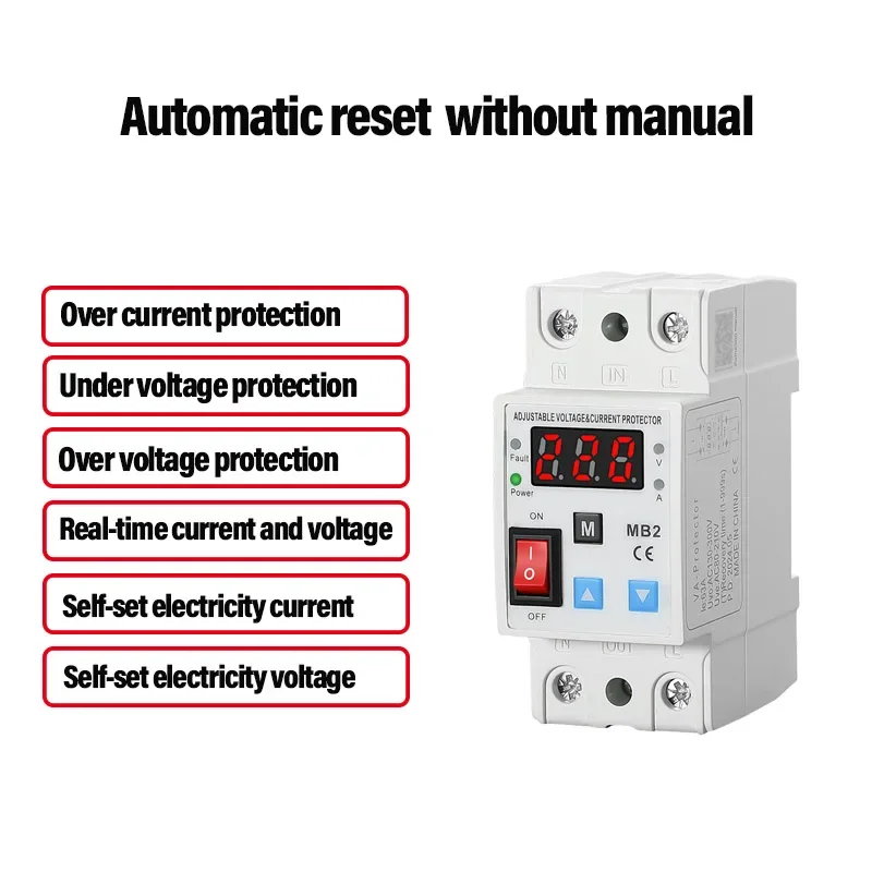 AC Adjustable Single Digital Display Voltmeter Circuit Breaker 220v 40A Over/Under Voltage Protector Overload Protective Device