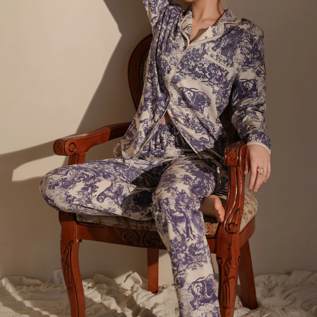 

Новый хлопковый пижамный комплект 2026 года: домашняя одежда с принтом, кардиган с длинными рукавами, брюки, свободный костюм из 2 предметов для дома и отдыха