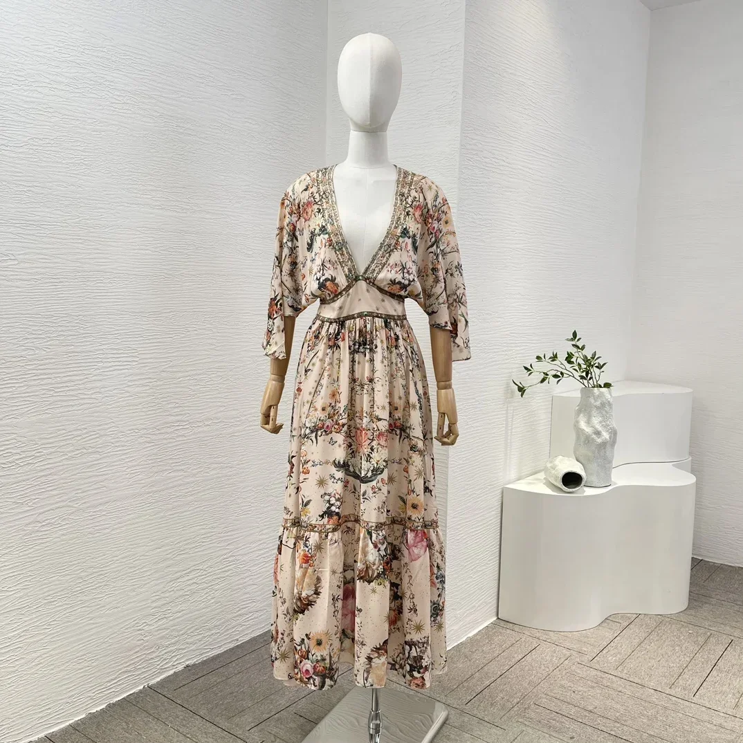 2024 New Collection High Quality Silk Shirred Floral Print Diamonds V-neck High Quality Vintage Midi Dress for Holiday