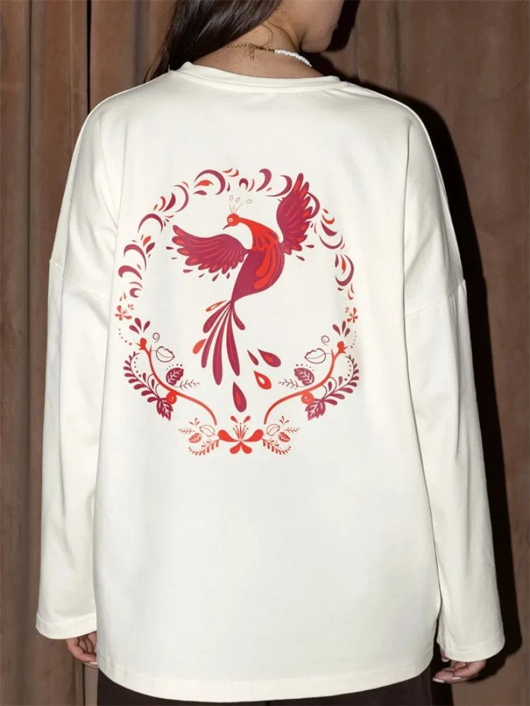100% Soft Cotton White Slavic Folk Long Sleeve T-shirts Russian Red Gradient Firebird Floral Wreath Print Loose Women Street Top