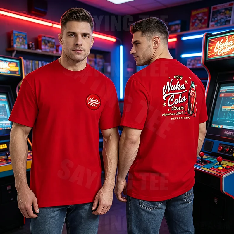 Nuka Cola Unisex-T-Shirt aus weicher Baumwolle, Videospiel-Zap-That-Thirst-Vintage-T-Shirt, roter Text, Nuka Cola-Kreis-Grafik, Persönlichkeits-Outfit – Detail 3
