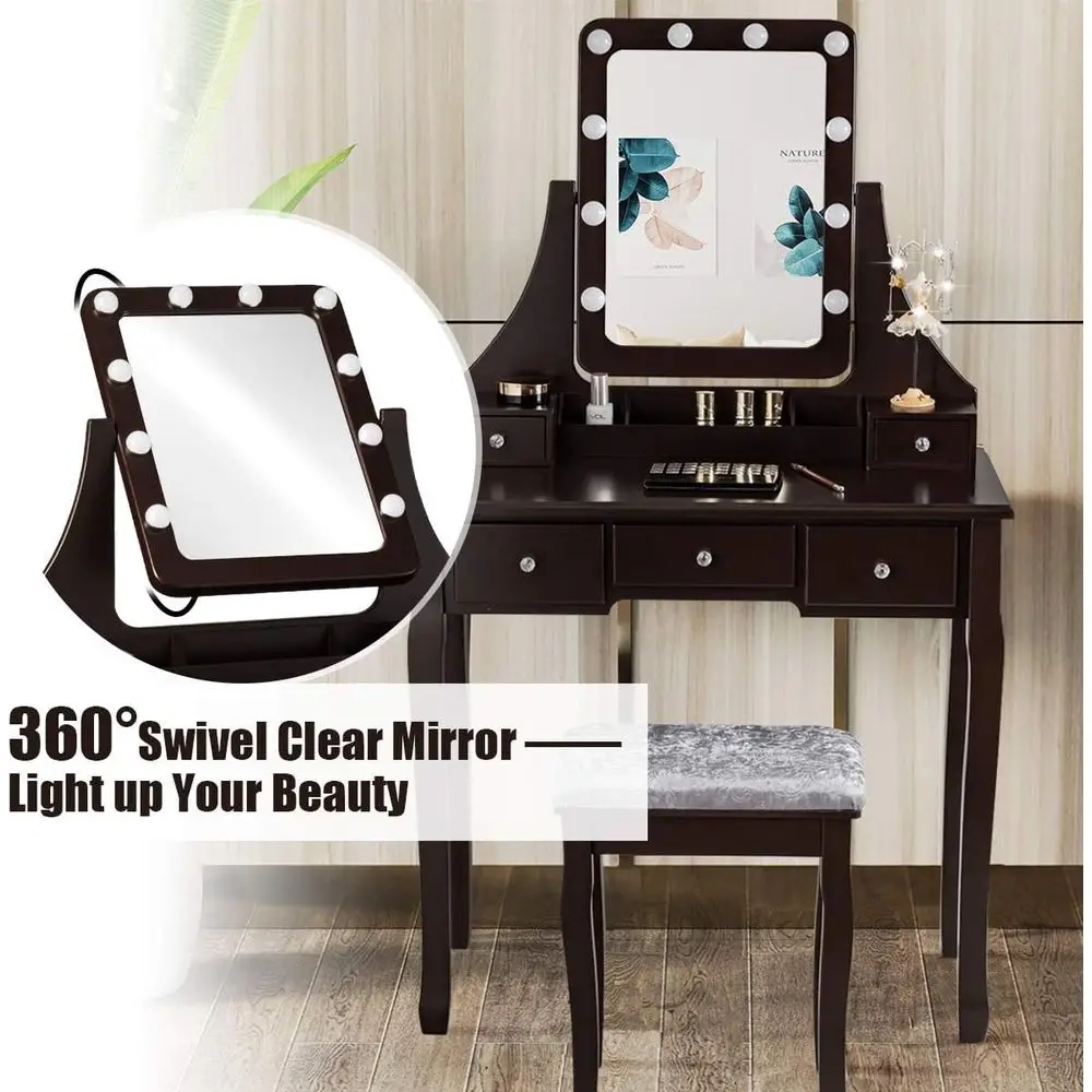 DORTALA Vanity Table Set w/ 360-Degree Recular Mirror & Cushioned Stool, Makeup Table w/ 10 LED Dimmable Bulbs, Bedroom Wood Dri view 3
