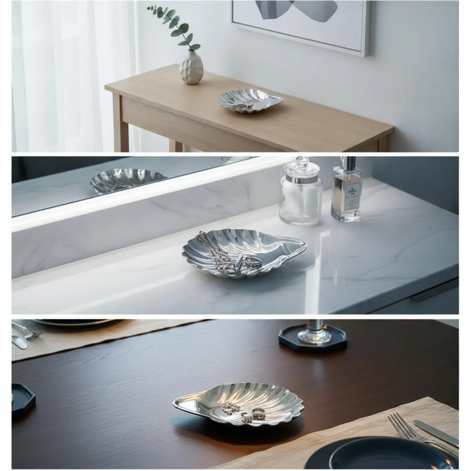 Shell Dish with Hanging Loop Silver Shell Jewelry Dish Elegant Stainless Steel Tray for Vanity, Tabletop Display, Entryway Table
