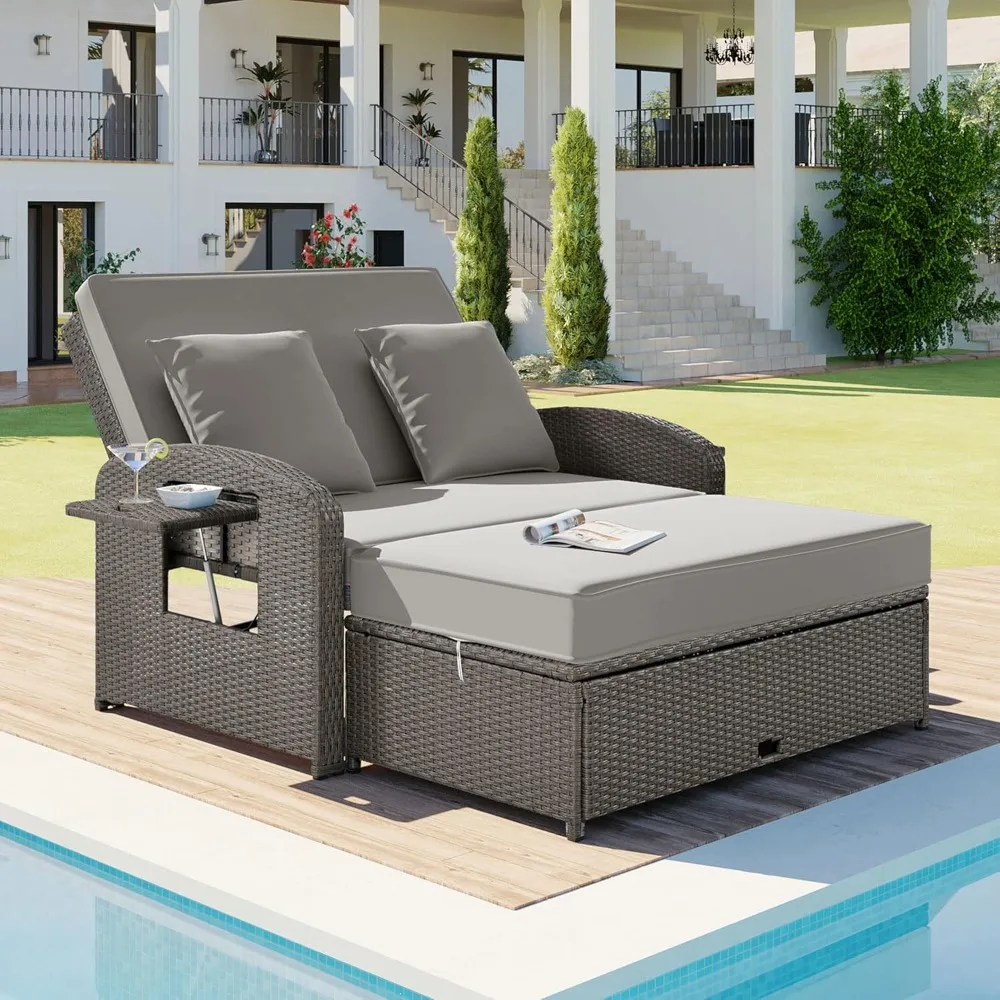 

Двойной шезлонг из плетеной ротанга Patio PE, откидная кушетка на 2 человека с регулируемой спинкой и подушками, кушетка для патио с кругом