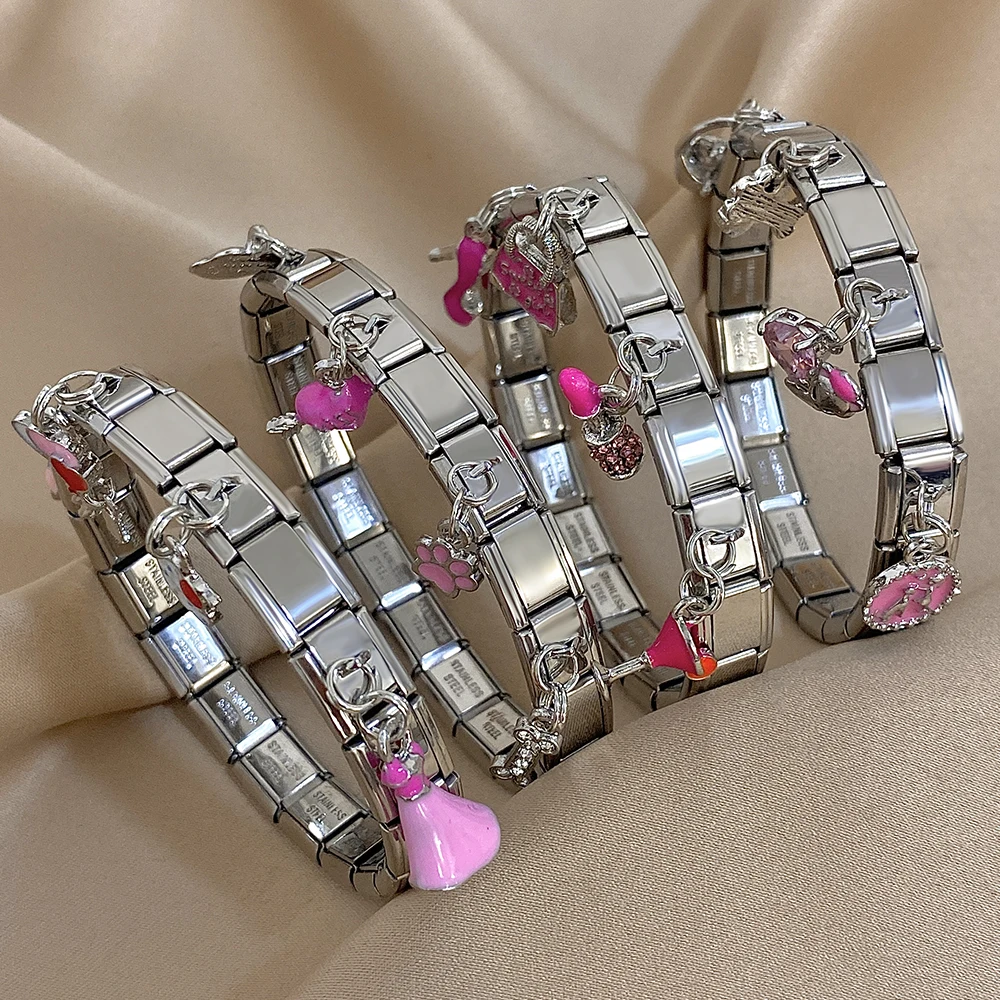 

Creative Pink Heart Cat Paw Pendant Stainless Steel Bracelet for Women Waterproof Italian Charm Link Bangle Elastic Wristband