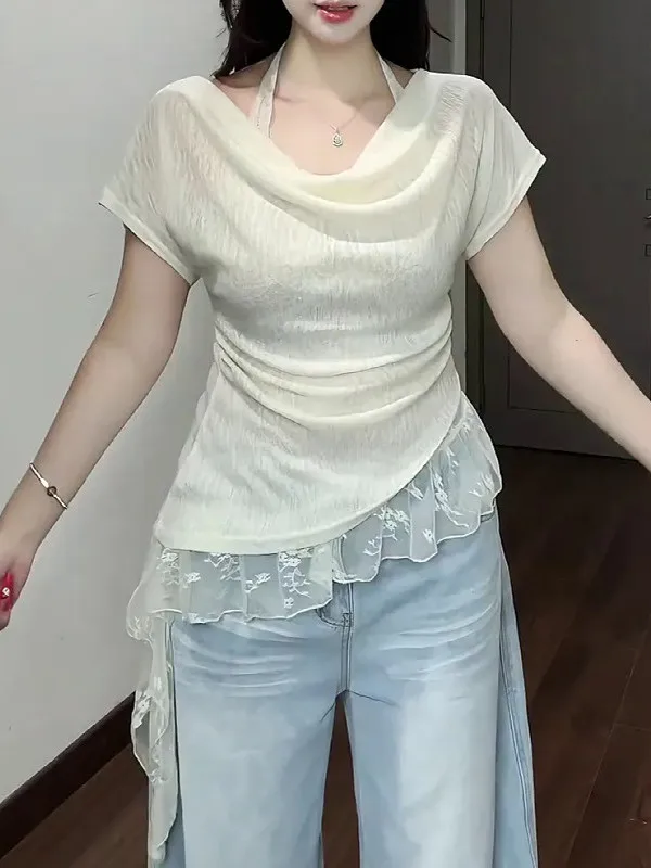 

Sweet And Spicy Korean Style Lace Halter Neck Short Sleeve T-Shirt Two-Piece Set plus Size Women Summer Fashion Outfit