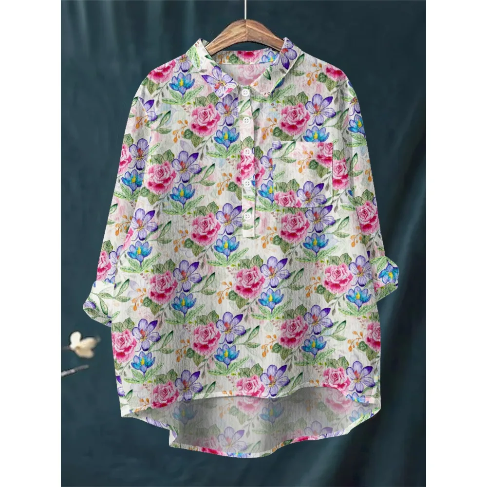 Tropical Hibiscus Blouse Vintage Floral Casual Women's Shirt Loose Long Sleeve Half-Button Comfortable Bubble Crepe Material Top