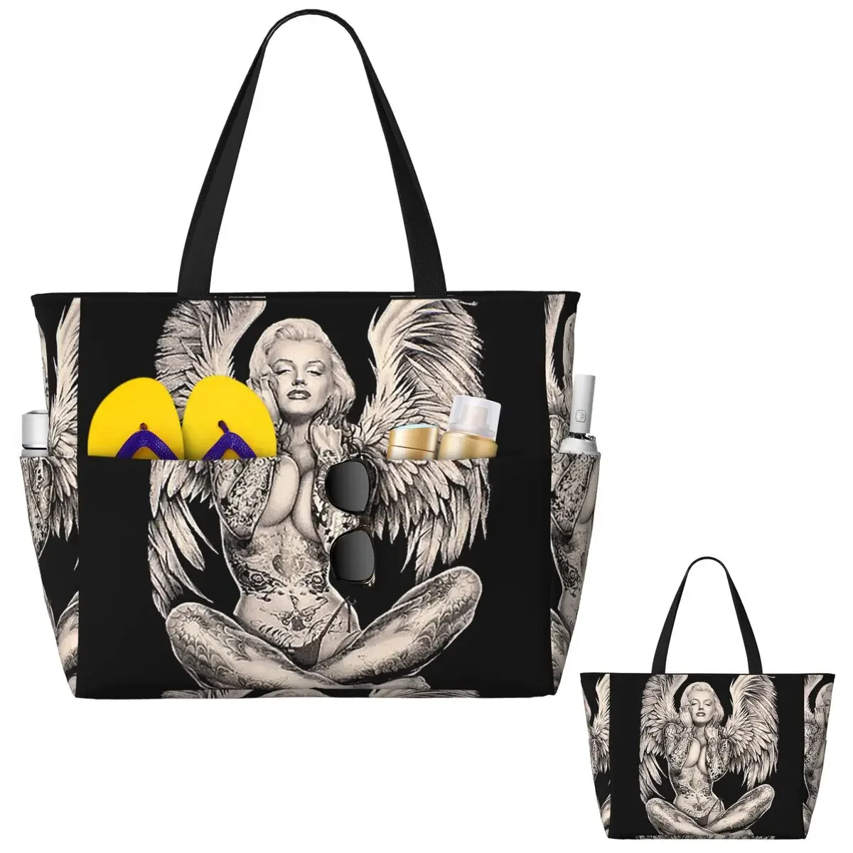 Marilyn Vintage Abstract Tattooed Angel Beach Tote Bag Sport Gym Yoga Duffle Large Tote Bag Women Travel Bag Fitness bag