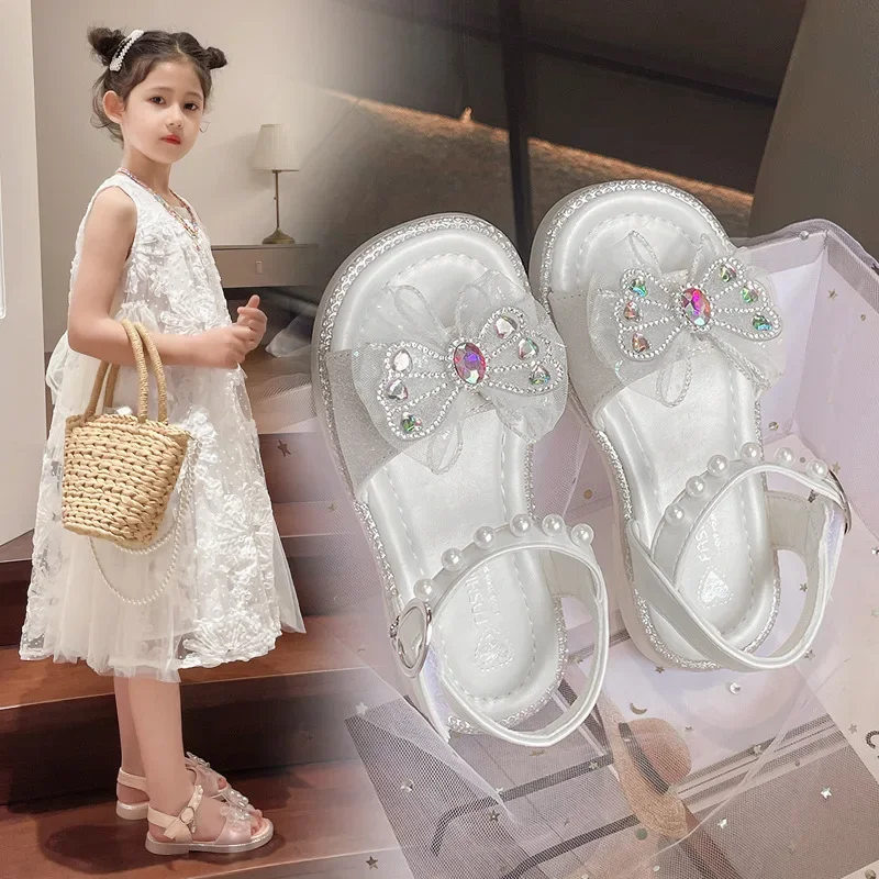 

23-36 Children's Sandals for Girls Shoes for Kids Fashion Crystal Bow Tie Summer Soft Flat Heels Beach Princess Pearl Shoe Child