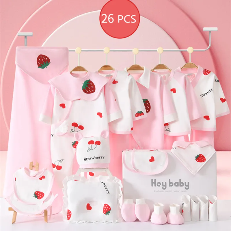 26-24-22-ピース-ロット新生児服セット女の子のための綿-100-幼児春秋服衣装ベビーロンパース帽子よだれかけ