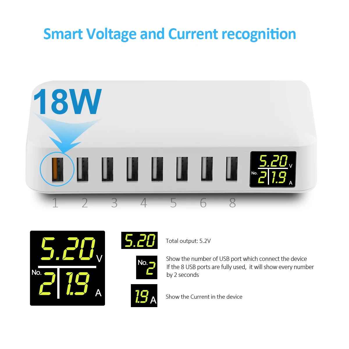 محطة شحن USB 8 منافذ 40 وات/60 وات شحن سريع مع شاحن سطح المكتب بشاشة LED لأجهزة متعددة iPhone Samsung