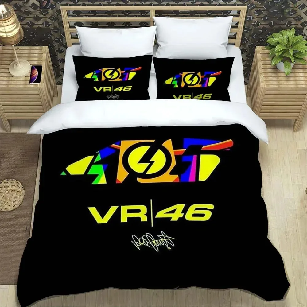 Conjunto de Cama com Capa de Edredom e Fronha VR-46 de Motocicleta Impresso em 3D, Tamanhos Solteiro, Casal e King para Quarto de Crianças e Adultos