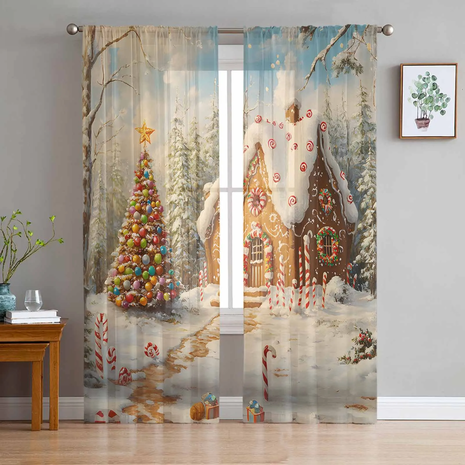 Christmas Gingerbread House Tulle Curtains for Living Room Decoration Modern Chiffon Sheer Voile Christmas Curtains