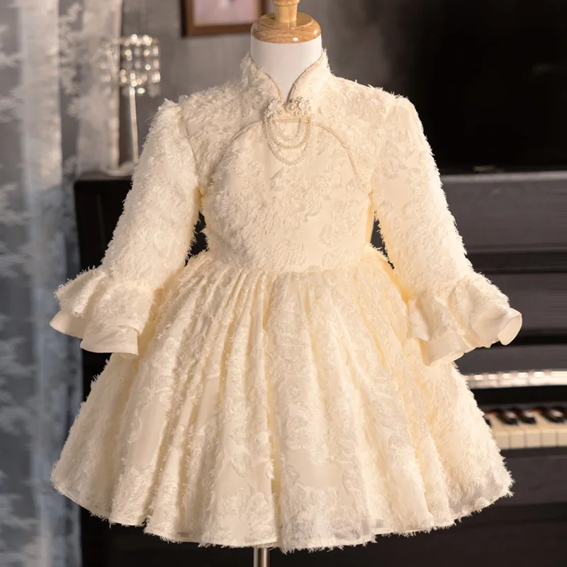 Girls New Autumn Winter Elegant Birthday Baptism Princess Ball Gown Children Fashion Flare Sleeve Party Performance Dress g186