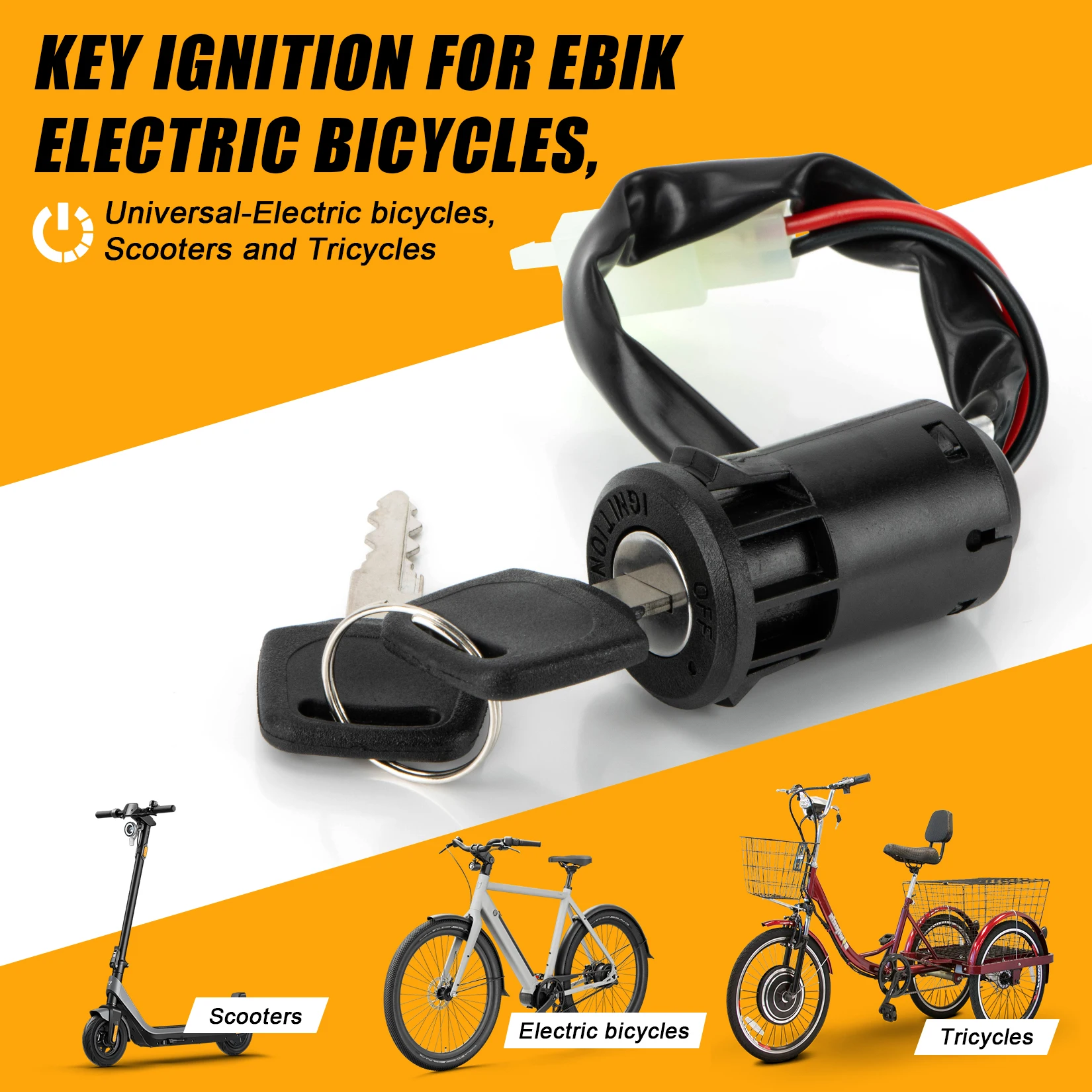 Ignition Switch with Key Lock 2 Wire Key Switch for EBike Scooter 2-Position ON/OFF Control Convenient 2-Pin Connector