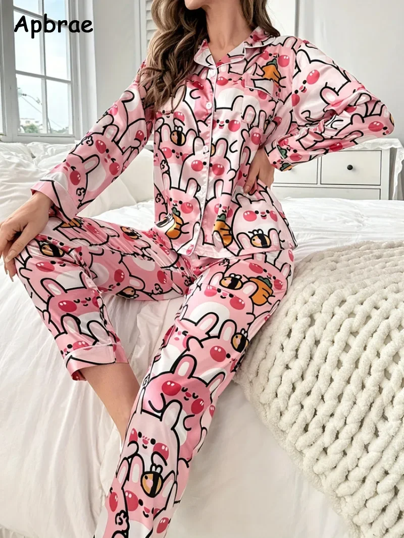 Spring Autumn New Pajamas for Women Heart Print Pajama Sets Pink Woman Pijamas Satin Silk Long Sleeves Long Pants Sleepwear