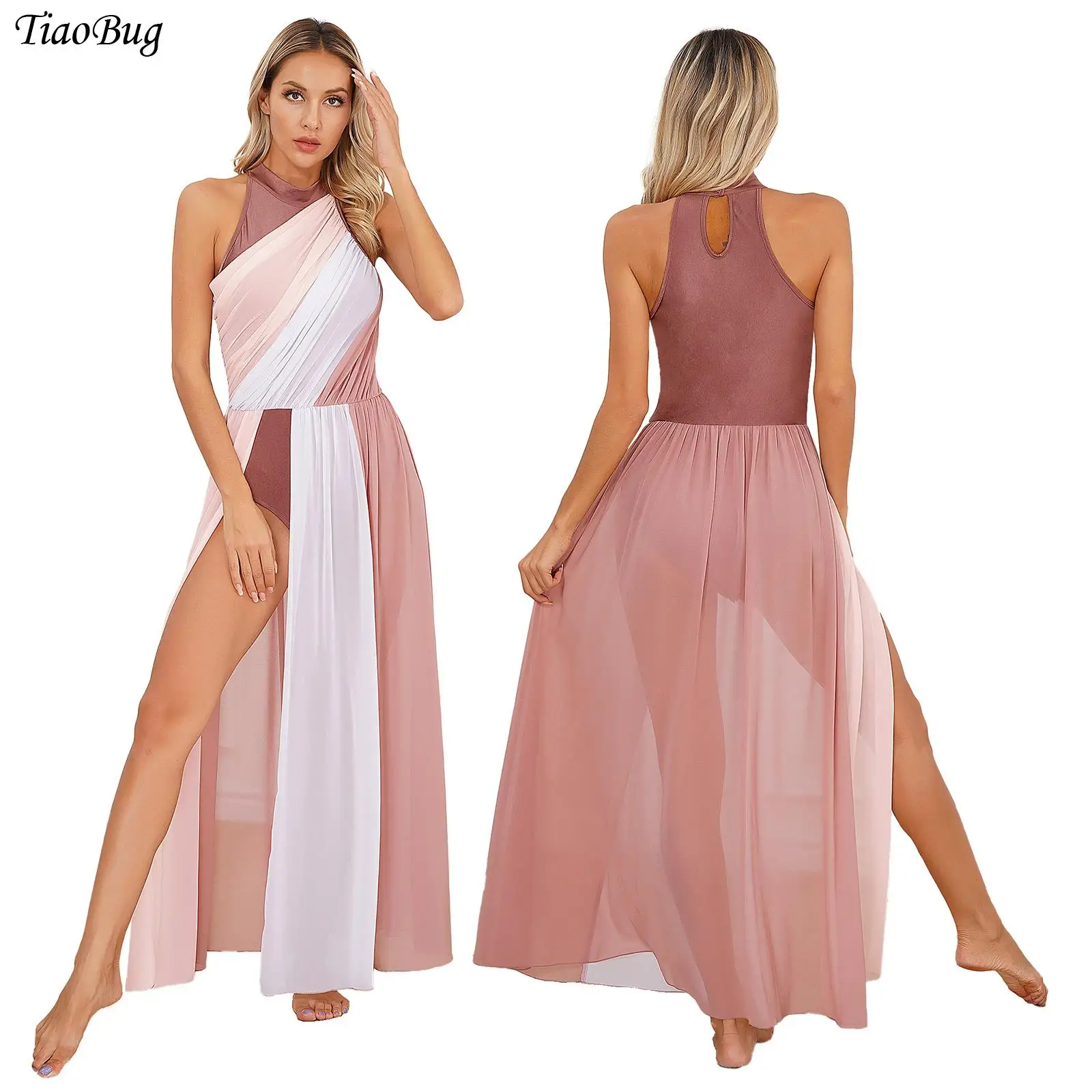 

Womens Chiffon Lyrical Dance Costume Color Block Split Ballet Gymnastics Skating Leotard Dress Contemporary Modern Dancewear