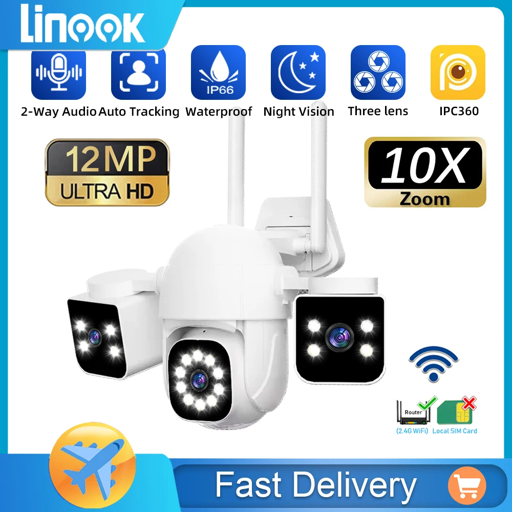 Linook 3 lenzen 3 frames 12MP 6K beveiligingscamera waterdichte CCTV outdoor WiFi telefoon netwerk camera PTZ 360 intelligente camera