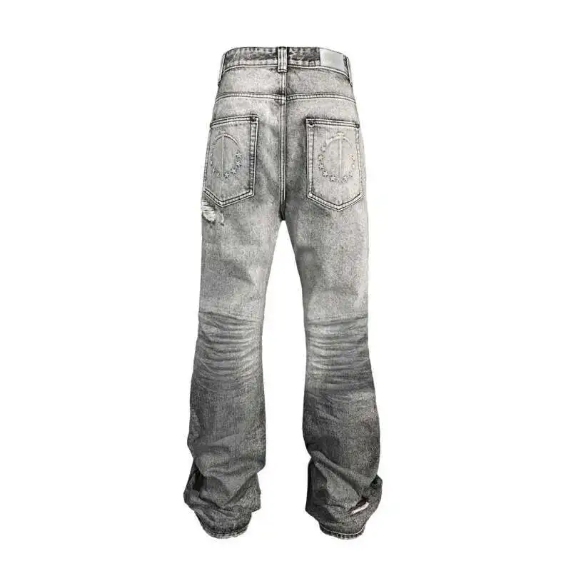 HKSH 2025 Spring New Men Tide Punk Denim Pants White Grey Gypsum Washed Holes High Street Chic Elegant Handsome Ins Jeans HK4560