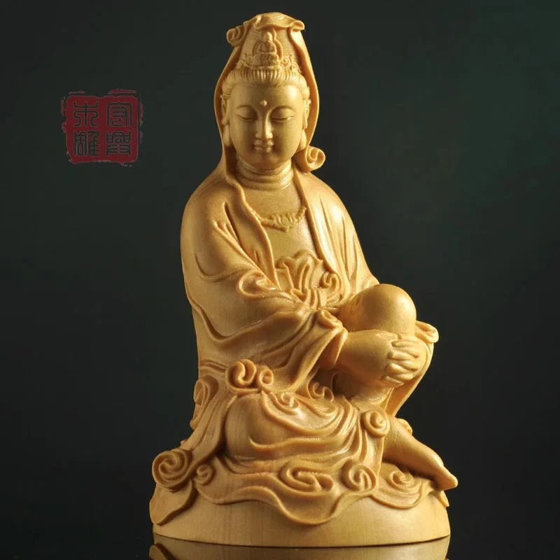 

XS1509- 9.5 CM Tall Guanyin Buddha Figurine Wood Carving God Bodhisattva Statue Car Ornaments