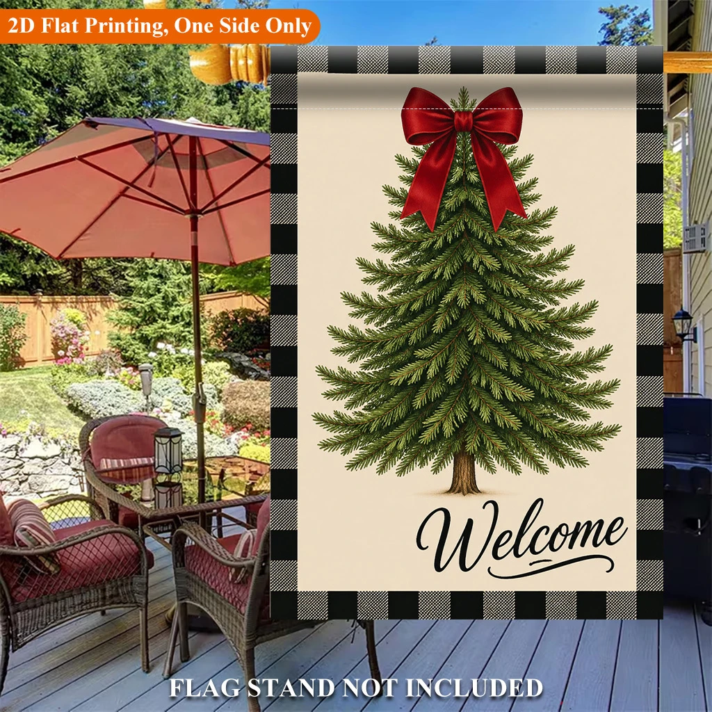 1pcs Christmas Tree Welcome Garden Flag Buffalo Plaid Border Holiday Outdoor Yard Decor