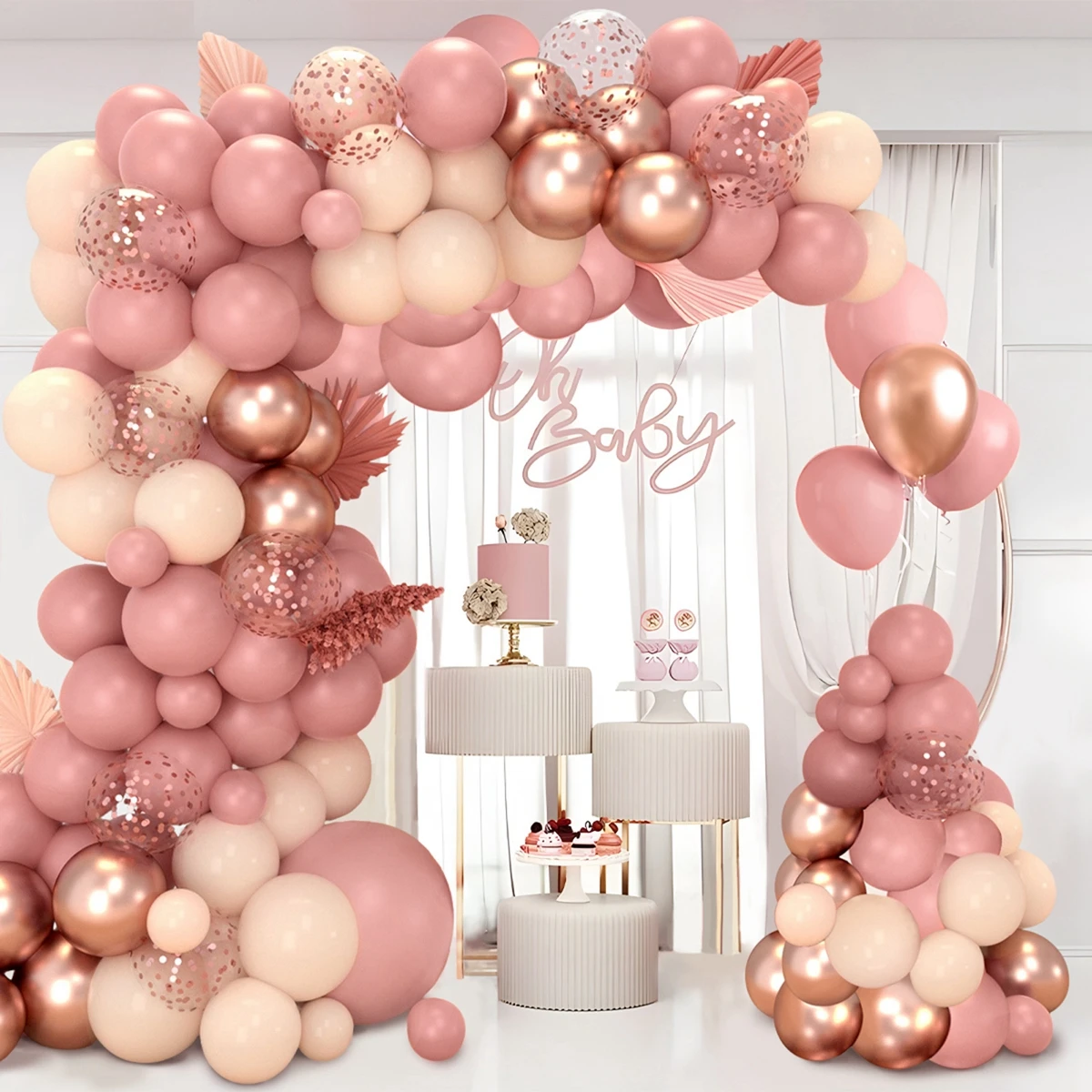 Pink Balloon Garland Kit Retro Pink Metallic Champagne Gold Nude Blush Latex Balloon Arch Kit for Tea Party Bachelorette Wedding