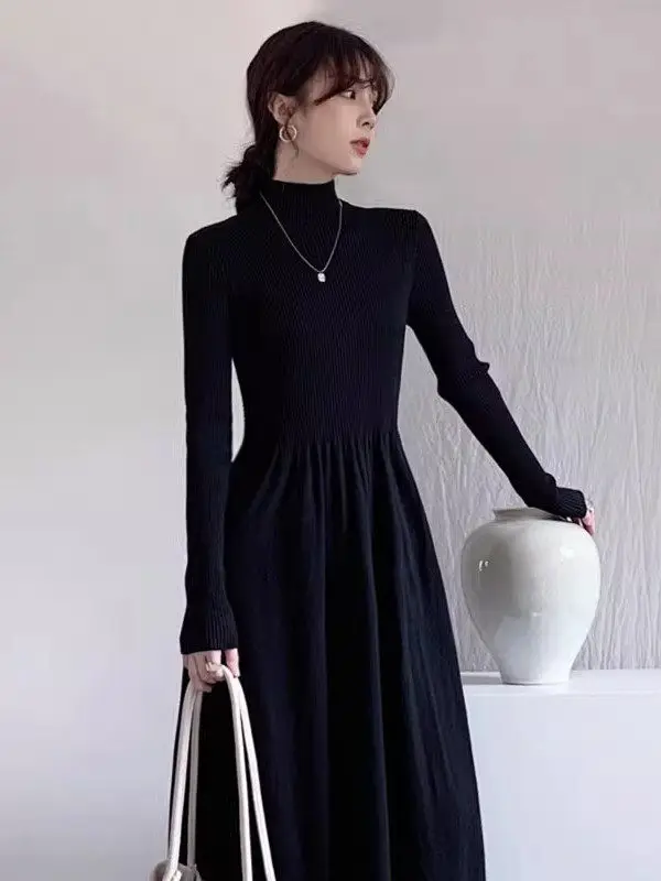 

Bla Knitted Dr Women's Autumn Winter 2025 New Sle with Coat f High Collar Sweater Dr Underlong Skirt Hepburn Sle