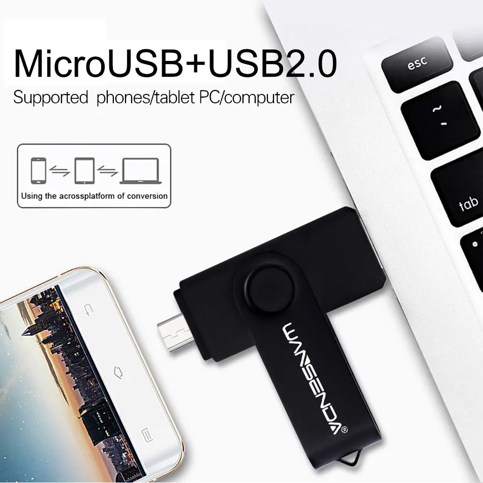 WANSENDA-unidad Flash OTG 2 en 1 USB 2,0, memoria USB con rotación de 8GB, 16GB, 32GB, 64GB, 128GB y 256GB