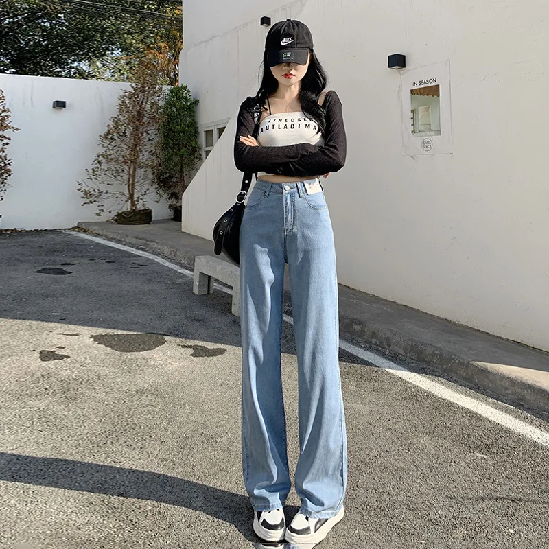 Fashionable and Versatile Blue Jeans for Women in Summer Slim New Style Straight Leg High Waist Floor Length Wide Leg Pants