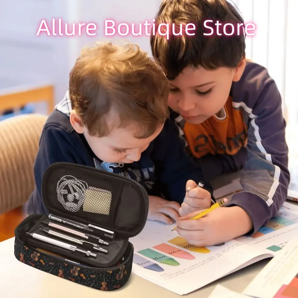 Violin Music Notes On Black Pencil Cases Large Storage Pen Bags Pen Box Pencil Pouch For Boys Girls Students Stationery School