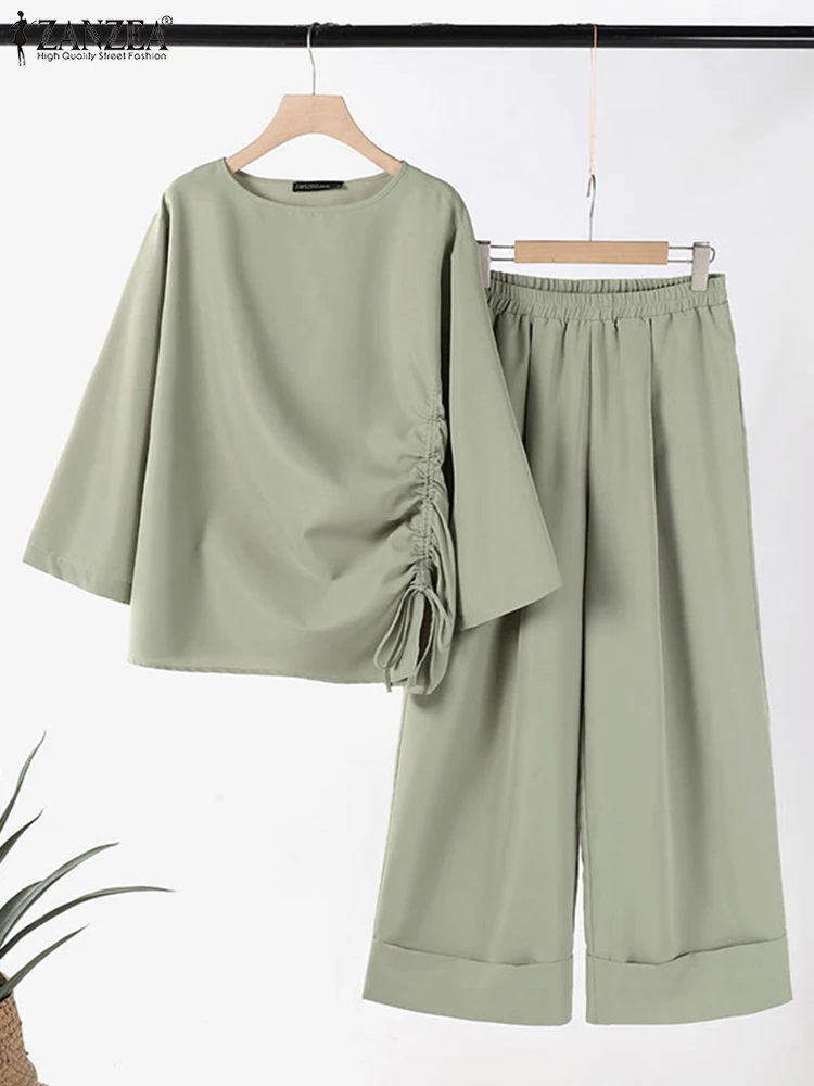 

ZANZEA Autumn 3/4 Sleeve Blouse Trouser Suit Stylish Two Piece Sets Women Solid OL Work Pant Sets Fashion Tracksuits Streetwear