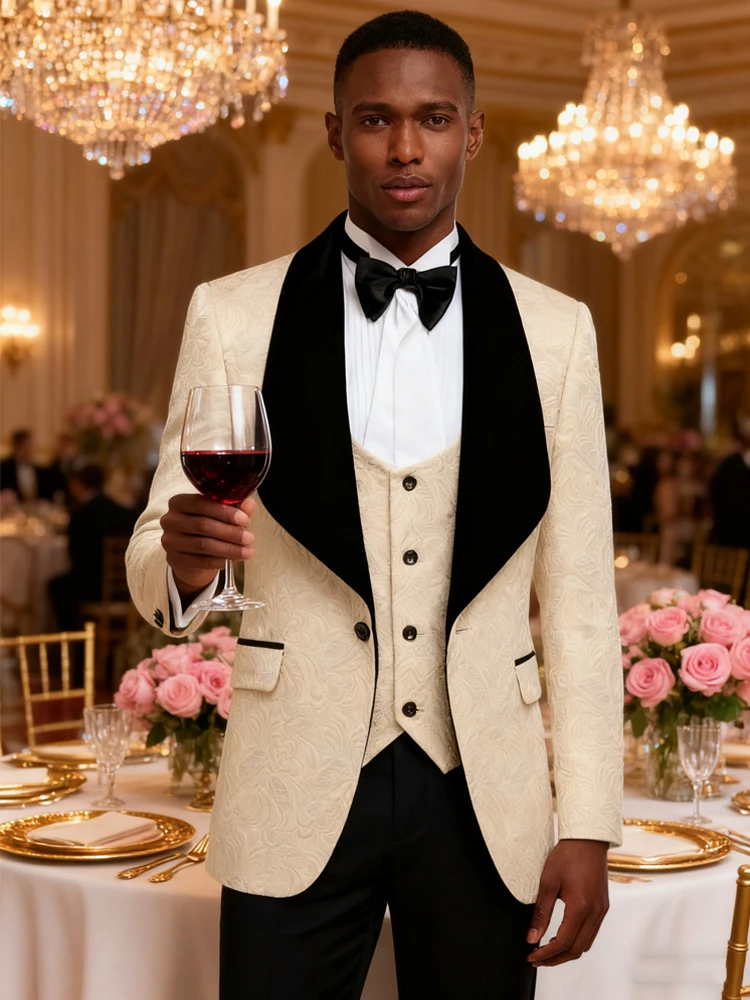 

Мужской смокинг из трех предметов с цветочным принтом, жаккардовый тонкий костюм, пиджак с узором пейсли, жилет и брюки для выпускного вечера на свадьбу