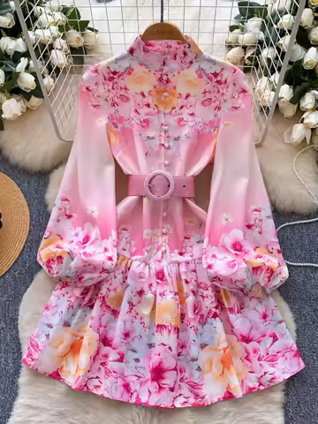 France Elegant Vintage Palace Evening Dress Women Sashes Button Print Short Party Dress Female Casual Chic Festival Clothing New