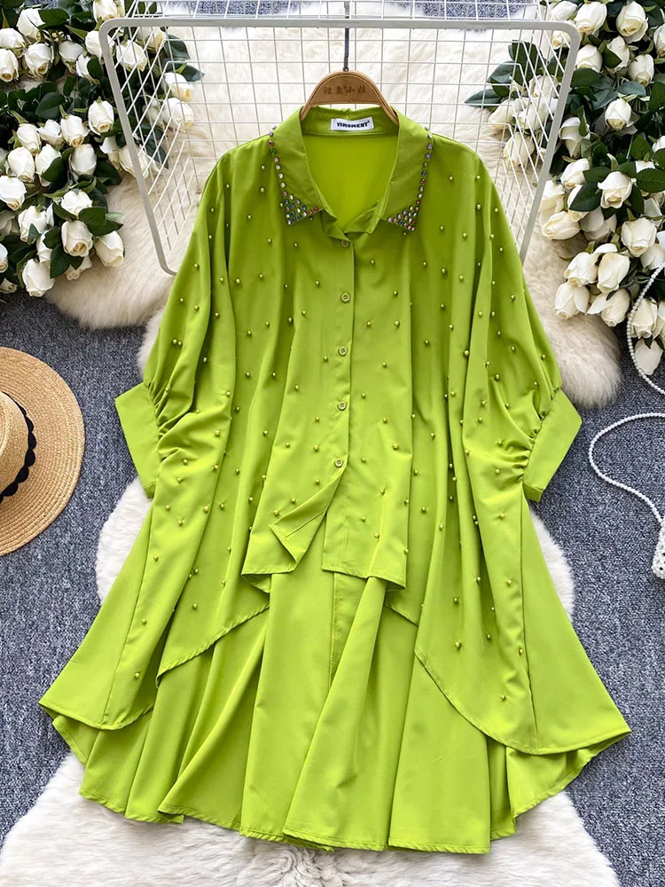 

2025 Vintage Summer Korean Style Blouse Tops Loose Short Sleeve Heavy Diamond Irregular Design Sense Mid Length Shirts