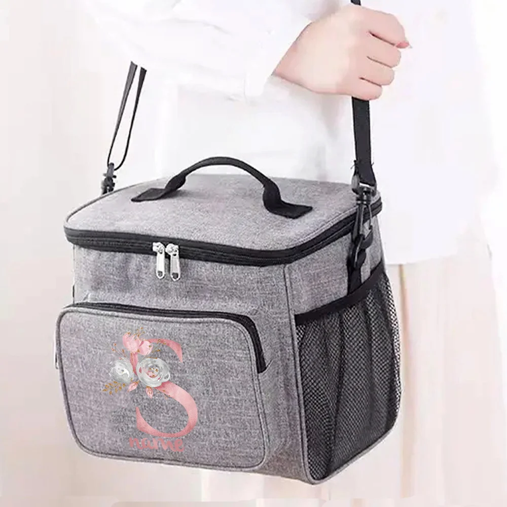 Customizable Name Grey Lunch Bag Insulated Handbag Multi functional Picnic Lunch Box Waterproof Lunch Box Pink Letter Series