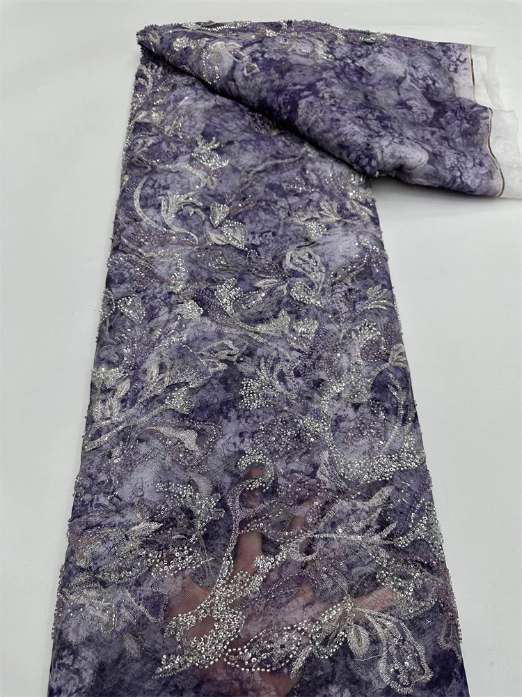 

2025 африканская нигерийская высококачественная кружевная ткань с вышивкой, французская тюлевая кружевная ткань с блестками и бисером для свадебных платьев