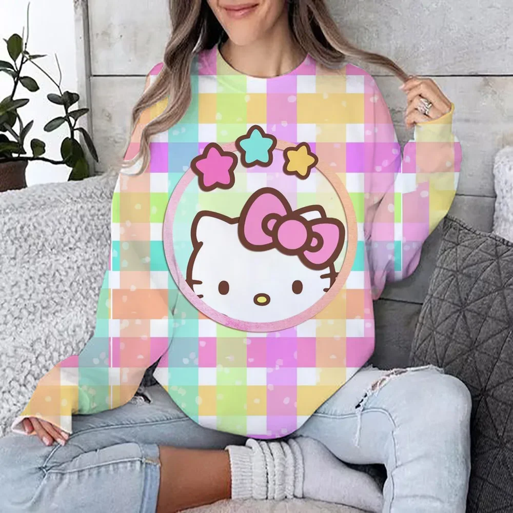 Herfst/winter hoodie met ronde hals en lange mouwen Comfortabele losse kerst Hello Kitty modeprint vrijetijdskleding voor dames
