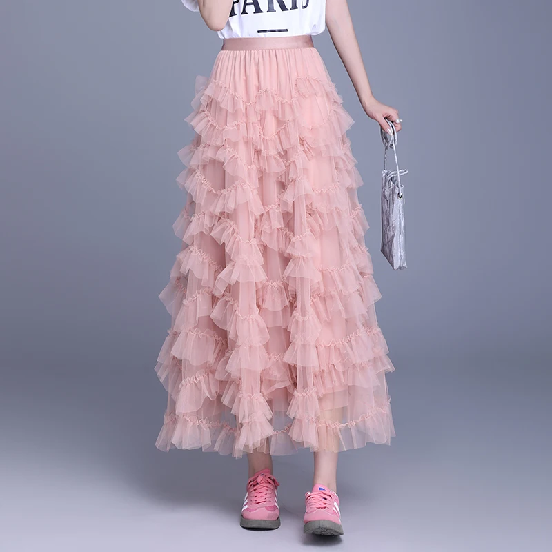 

Spring 2025 Long Layered Tulle Cake Skirt High Waist A-Line f Body Pink Gown Flared Skirts Dry Sle Polyester Fiber