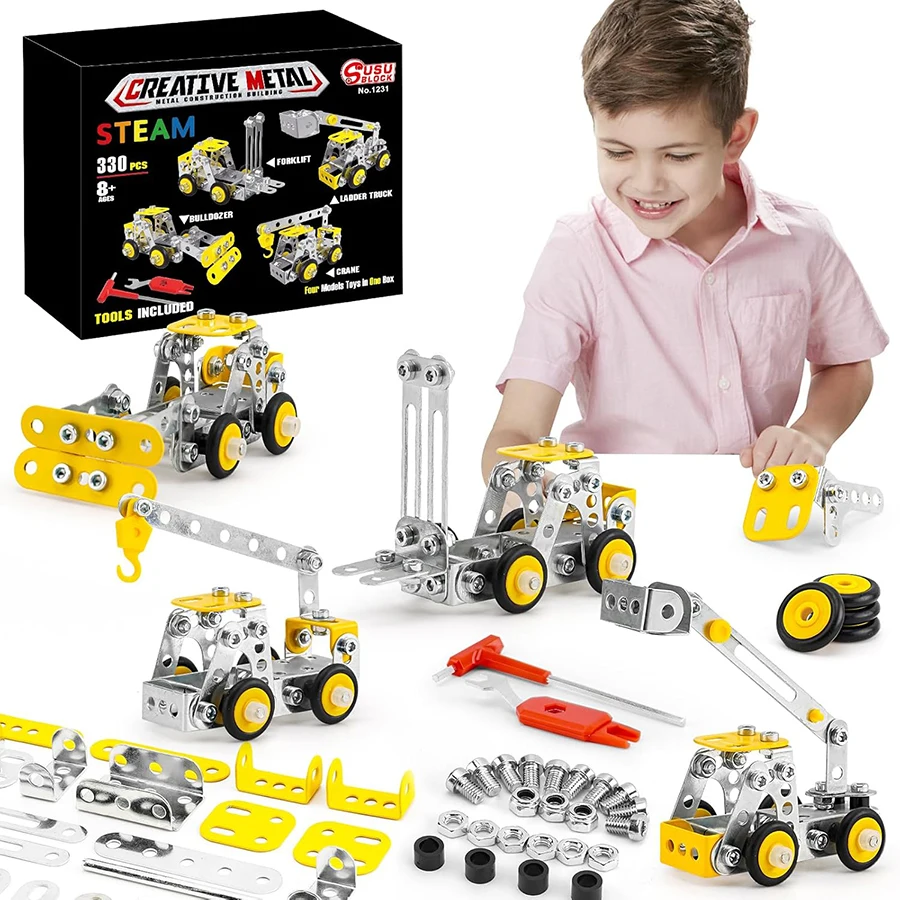 

330 шт., 4 в 1, строительные игрушки, набор моделей инженерных транспортных средств по металлу, игрушки-блоки, 4 модели строительной техники, строительные наборы для детей