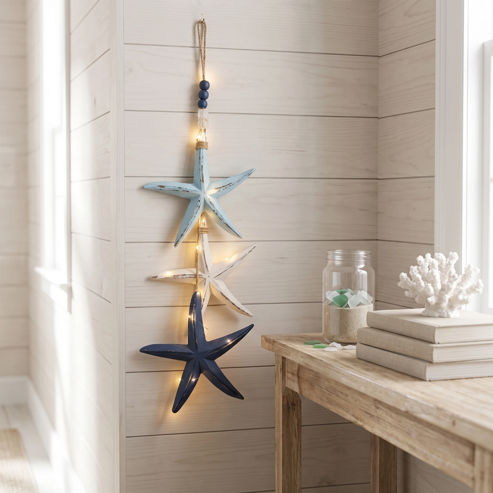 Wooden Sea Star Hanger Ocean Theme Coastal Ornament with Beads Sea Star Ornament Rustic Nautical Hanging Wall Decor Artisanal