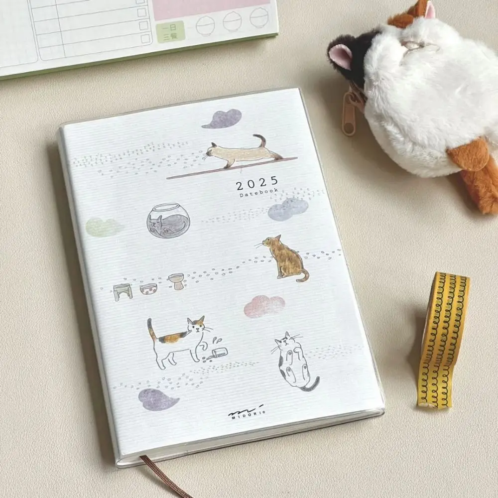 Cute Animal Cat 2025 Planner Notebook Color Page Thick Paper Student Class Notebook Multifunction Creative Diary Handbook Gifts