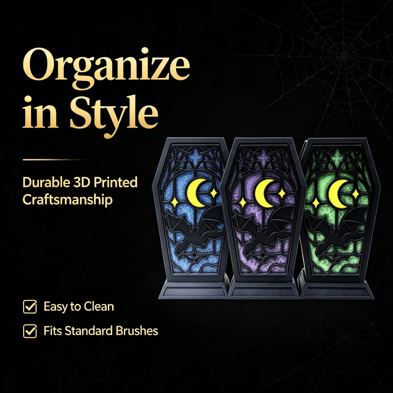 Gothic Coffin Makeup Brush Holder Multifunctional, Cosmetic Organizer Storage Rack Dark Atmosphere Spider Web Desktop Decor Gift