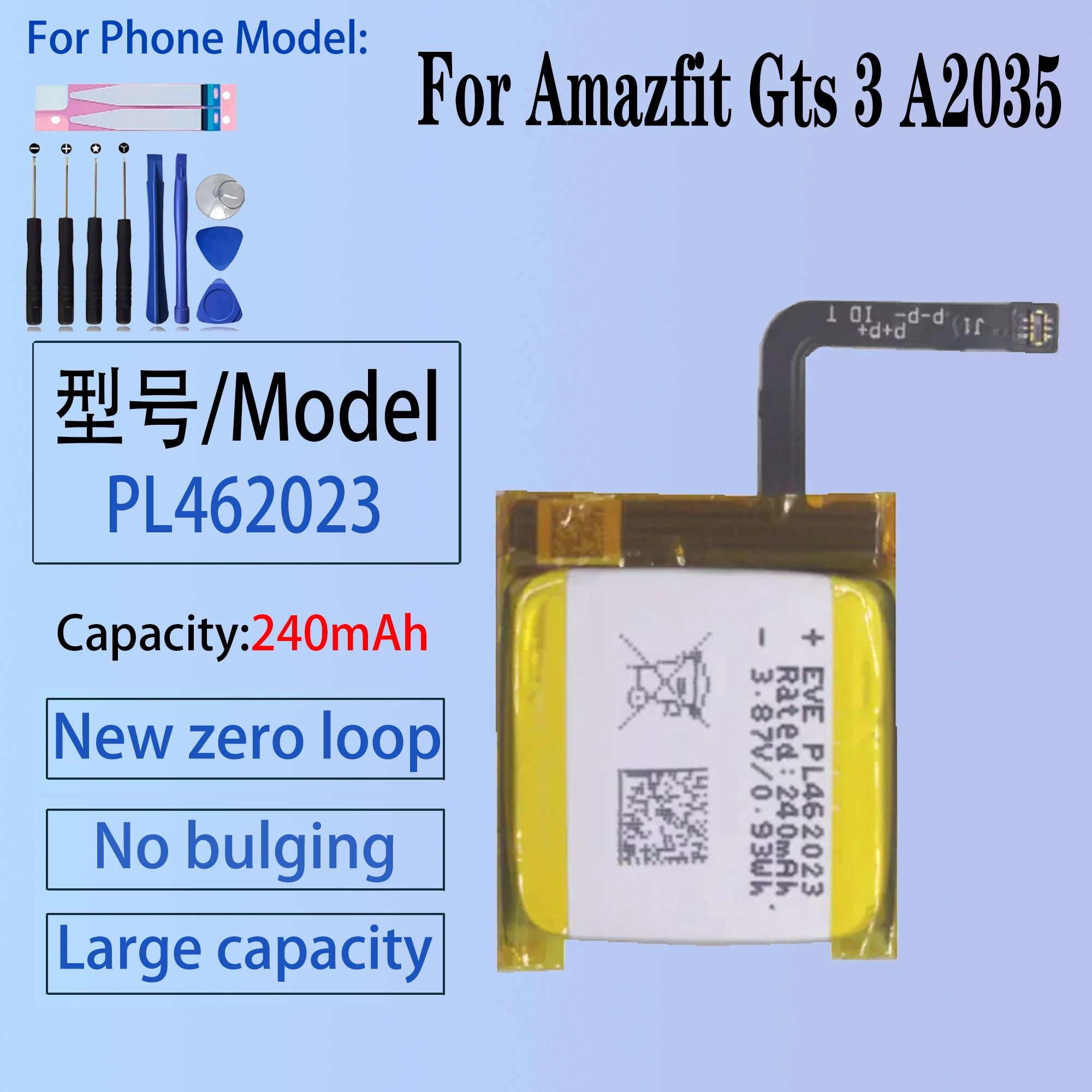 240mAh PL462023 Polymer Li-Ion Battery Cell For Amazfit Gts 3 A2035 Smart Sports Watch + Free Tools