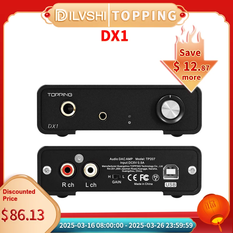 

TOPPING DX1 Hi Res Audio DAC Headphone Amplifier AK4493S DAC Chips 6.35mm 3.5mm Headphone Amp USB DSD256 PCM384 XMOS XU208